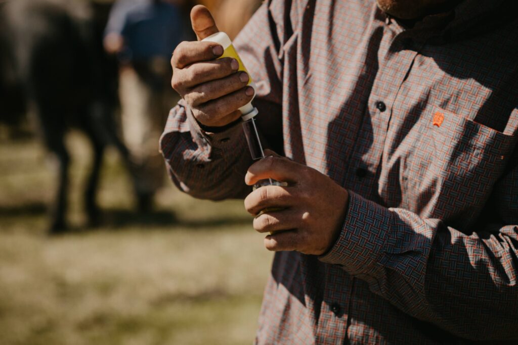 close up of mans hands filling vaccine bottle