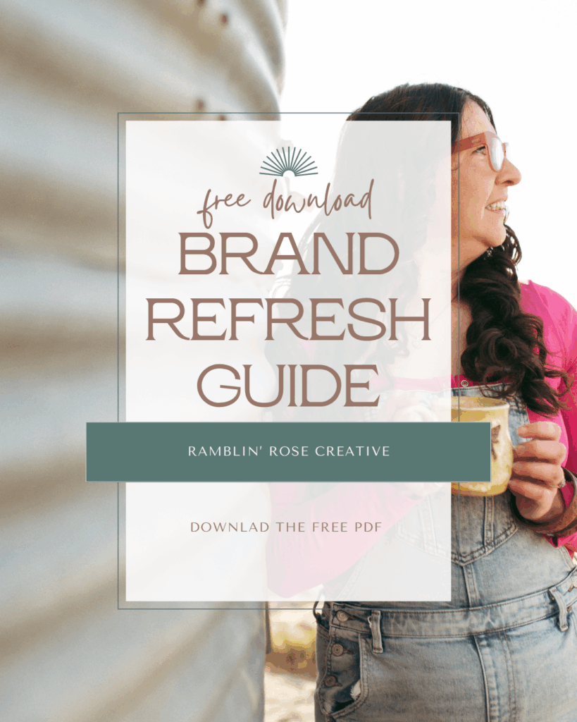 image showing a saskatchewan brand photographer drinking coffee in overalls with text showing her free brand refresh guide